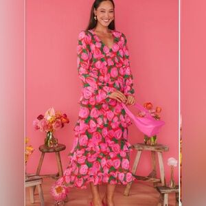 Show Me Your Mumu- Pink Floral V-Neck Long Sleeve Maxi Dress